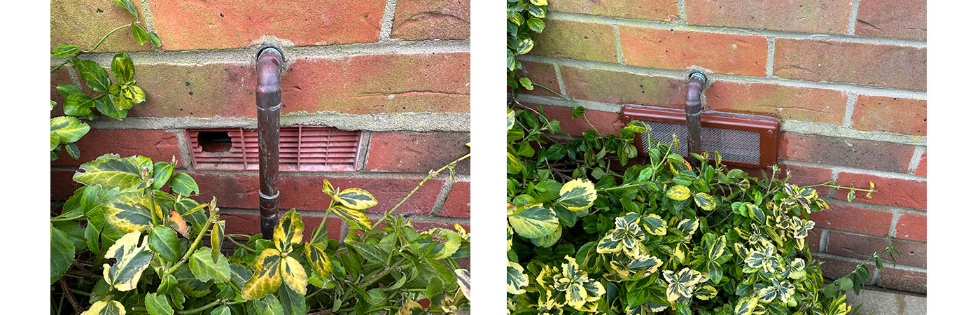 Effective Pest Proofing Strategies for Properties - in this image we show a plastic air brick that has been chewed through by a rodent and the second section shows the same air brick with a newly fitted stanless steel mesh over the top.