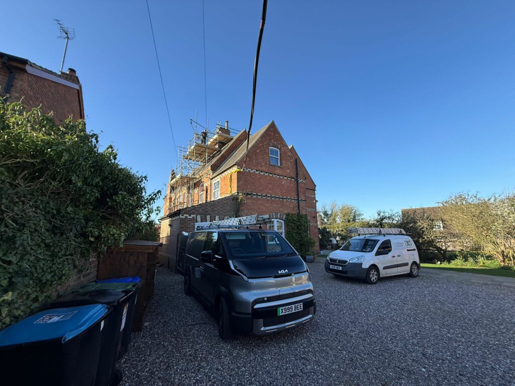 Scaffold access installed for chimney bee colony removal and roofing restoration works in Sibbertoft