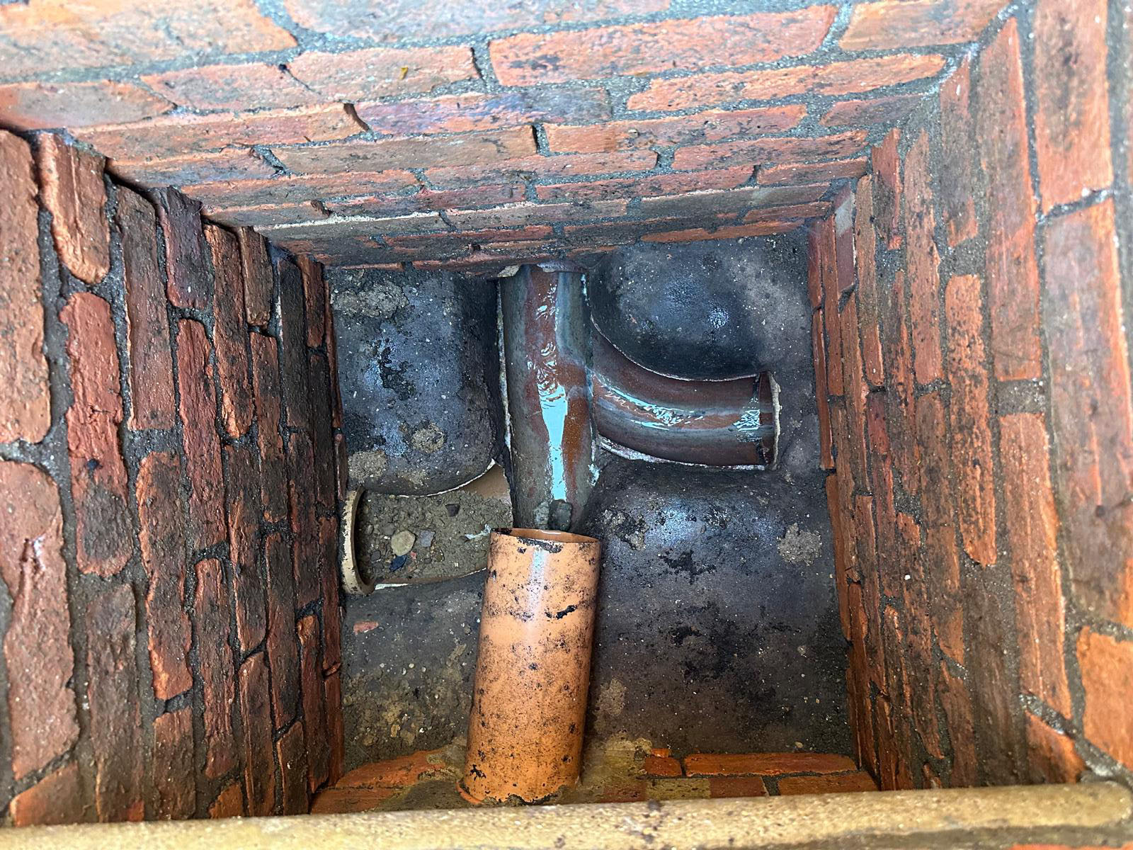 Open inspection chamber showing defective underground drainage pipe identified as the source of a recurring rat infestation.