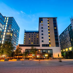 Commercial Pest Control in Milton Keynes this image shows the Milton Keynes city centre in the evening
